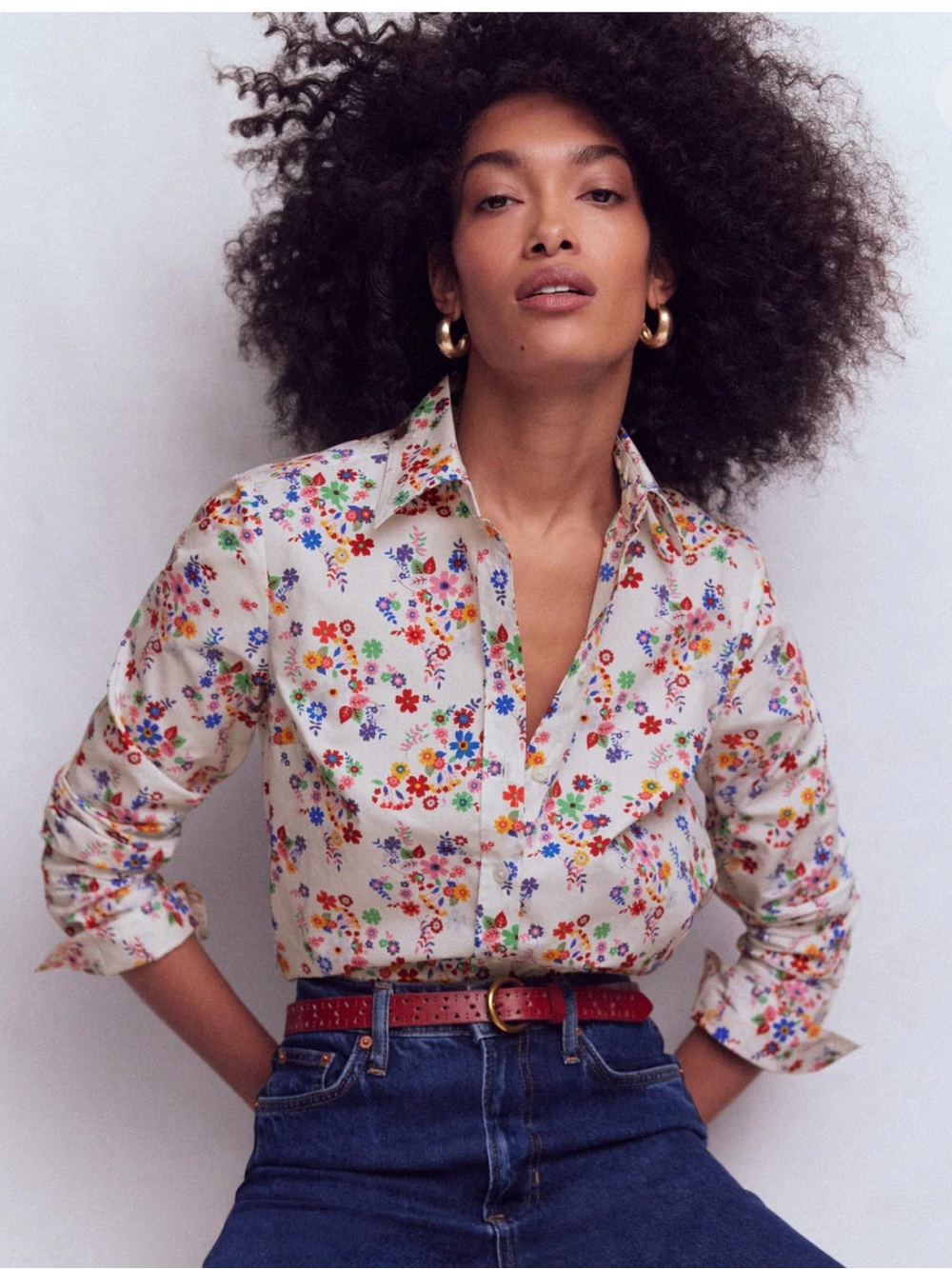 Boden Cream Button-Down Shirt with Multicolor Floral Print
